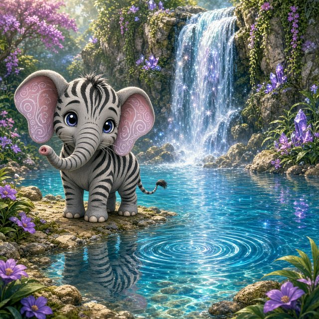 An adorable animal in a cartoon illustration, a cross between an elephant, a zebra, and a mouse. On the shore at the base of a magical waterfall flowing into a crystal-blue pond. Ripples create a wavy reflection in the water. — Grok Imagine Image 2