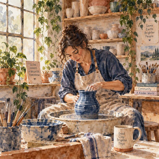 Watercolour illustration of an adult ceramicist shaping a blue-glazed vessel in a sunlit workshop, shelves of unfinished pottery and leafy plants softened by loose brushwork. Palette of terracotta, indigo, warm cream, and sage. — GPT Image 2.5 Sunburst