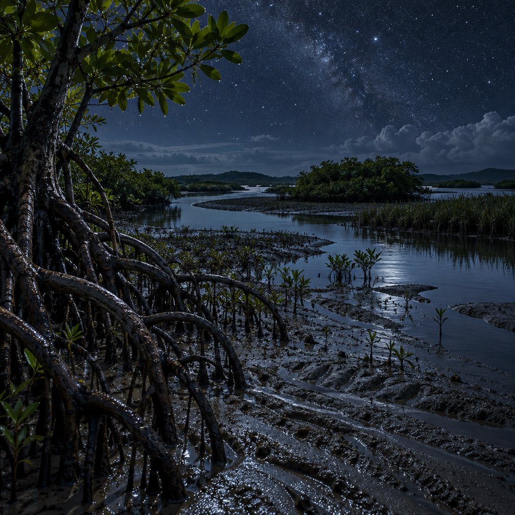 A mangrove delta spreads beneath a star-filled midnight sky after a humid shower; rain-beaded roots and fine silt ridges sharpen the foreground, while winding channels vanish among distant reed islands. — GPT Image 2.5 Sunburst