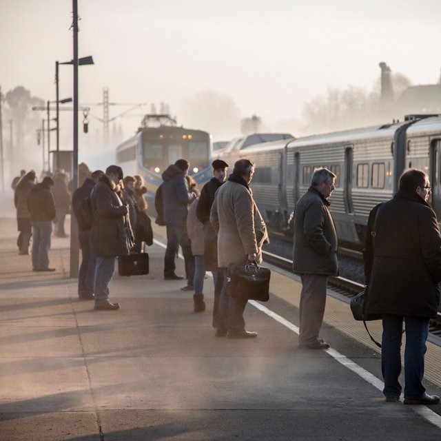 Across a broad station platform, adult commuters wait in loose clusters as a train approaches through pale dawn haze. A real-world press photograph uses a 135mm lens and deep focus; fine brake dust hangs in the sunlit air. — ImagineArt 2