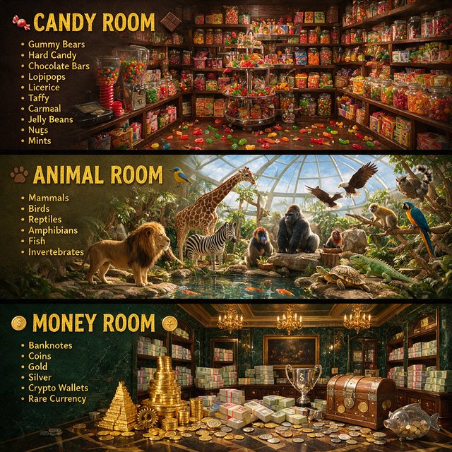 Realistic. Three scenes in one. 1) A room filled with many types of candy. 2) A room filled with many kinds of animals. 3) A room filled with all kinds of money. Above each room, a list names what is inside. — Seedream 5.0 Pro