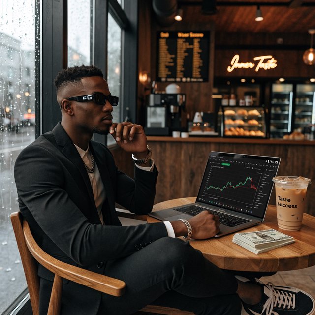 Realistic, a man wearing a black suit and cool shades with the word “G” on them, sitting near a table in a friendly coffee shop with the words “Inner Taste” displayed in the shop, coffee on the table, a coffee cup with the words “Taste like success,” a stack of money on the table, a high-end laptop displaying a successful trade, and rain pouring outside. The vibe is calm and chill. — Recraft v4 Pro