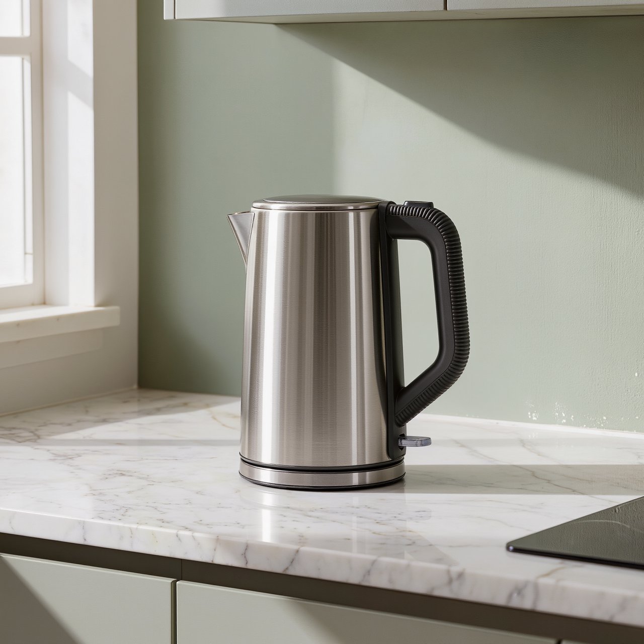Morning daylight spills across a kitchen counter, revealing an unbranded electric kettle in satin stainless steel with a ribbed heat-resistant polymer handle. It sits on honed limestone against a muted sage backsplash, with window light and white bounce fill; commercial product image, no lettering. — Kling v3
