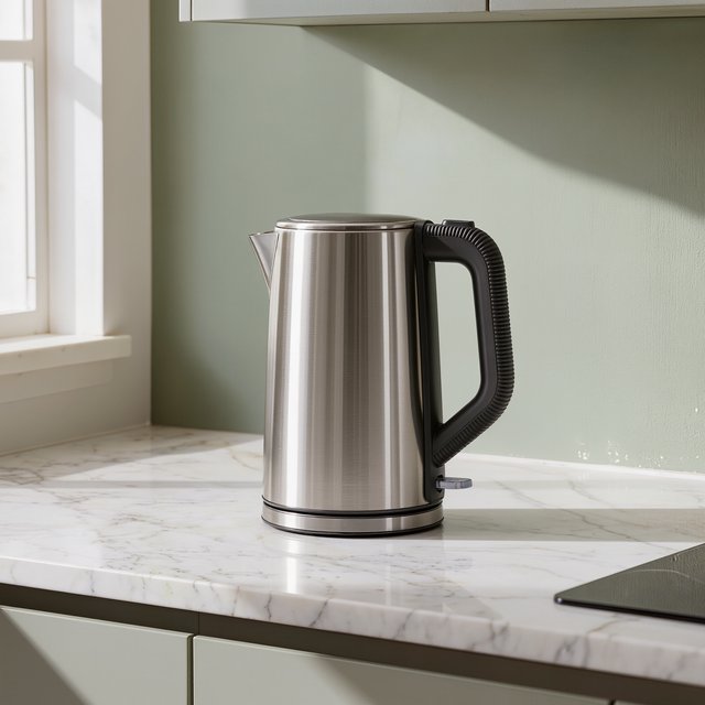 Morning daylight spills across a kitchen counter, revealing an unbranded electric kettle in satin stainless steel with a ribbed heat-resistant polymer handle. It sits on honed limestone against a muted sage backsplash, with window light and white bounce fill; commercial product image, no lettering. — Kling v3