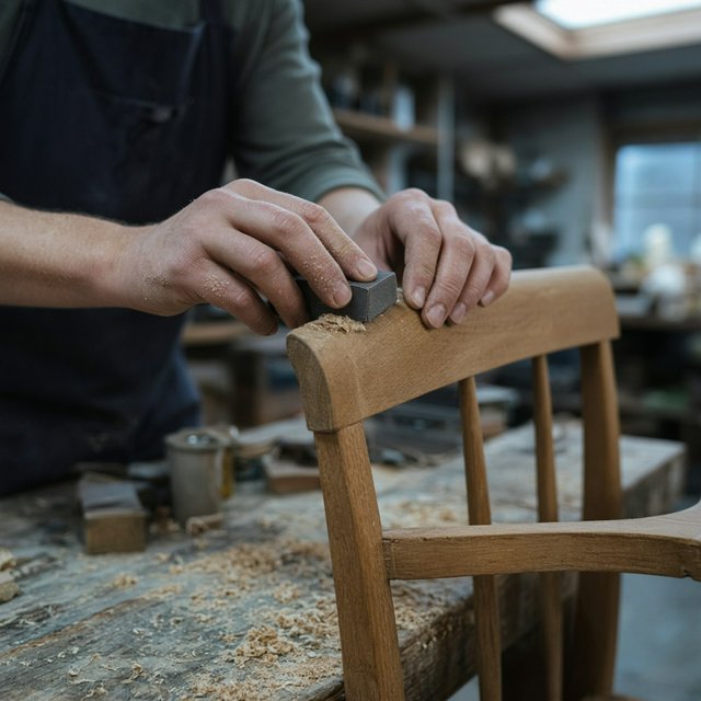 Fine curls gather beneath adult hands sanding the edge of a wooden chair in a quiet repair shed. A real-world workshop snapshot in cool skylight, using a normal lens at shallow depth of field, catches pale sawdust clinging to the knuckles. — Grok Imagine Image 2