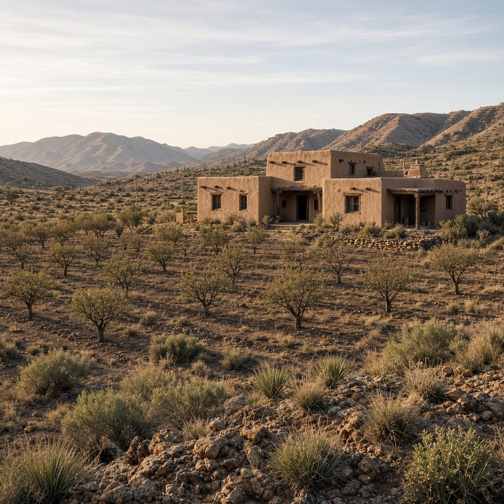 Beyond dry orchard rows, a Pueblo Revival adobe house settles into the desert foothills, with timber lintels and a muted clay roof; warm late-afternoon light, viewed from a rocky rise, reveals clean geometry and credible construction. — Grok Imagine Image 2