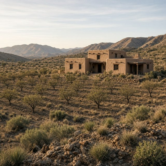 Beyond dry orchard rows, a Pueblo Revival adobe house settles into the desert foothills, with timber lintels and a muted clay roof; warm late-afternoon light, viewed from a rocky rise, reveals clean geometry and credible construction. — Grok Imagine Image 2