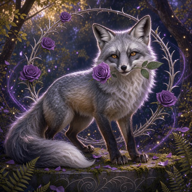 a silver fox holding a purple rose in its mouth, deep color, fantastical, intricate detail, splash screen, complementary colors, fantasy concept art — Model 1