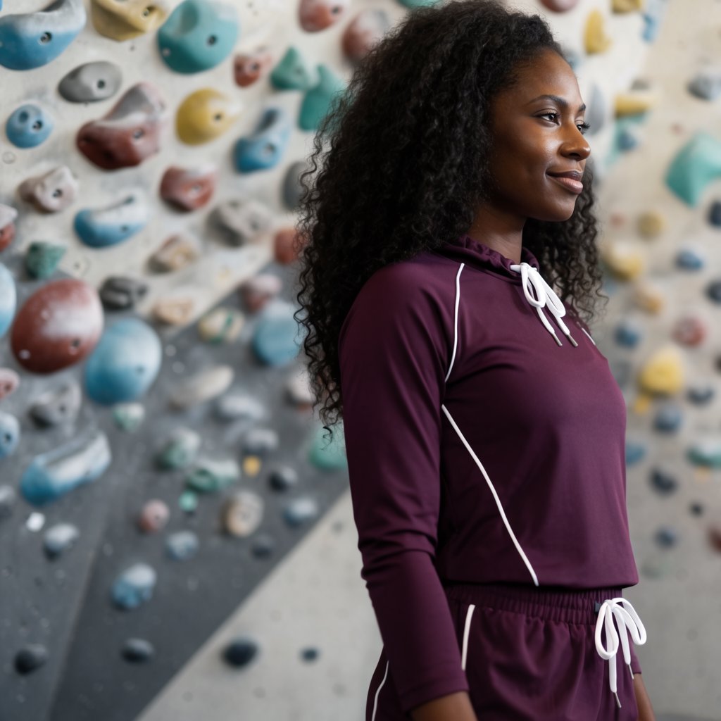 Editorial glamour photograph of an adult woman in a plum fitness set, pausing naturally beside a sunlit indoor climbing wall, flattering side light tracing colorful holds, loose curls and an easy, confident smile. — Krea 2 Large