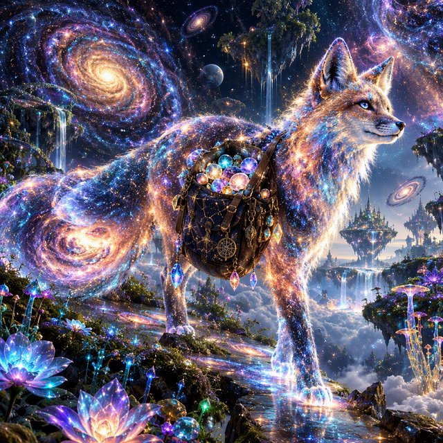 A celestial fox made of stardust and nebulae, carrying a satchel overflowing with glowing cosmic jewels, journeys through an ethereal dreamscape. Swirling galaxies and bioluminescent flora fill the background. The scene is rendered in a surreal, photorealistic style, emphasizing intricate details and a sense of infinite wonder. — GPT Image 2.5 Flare
