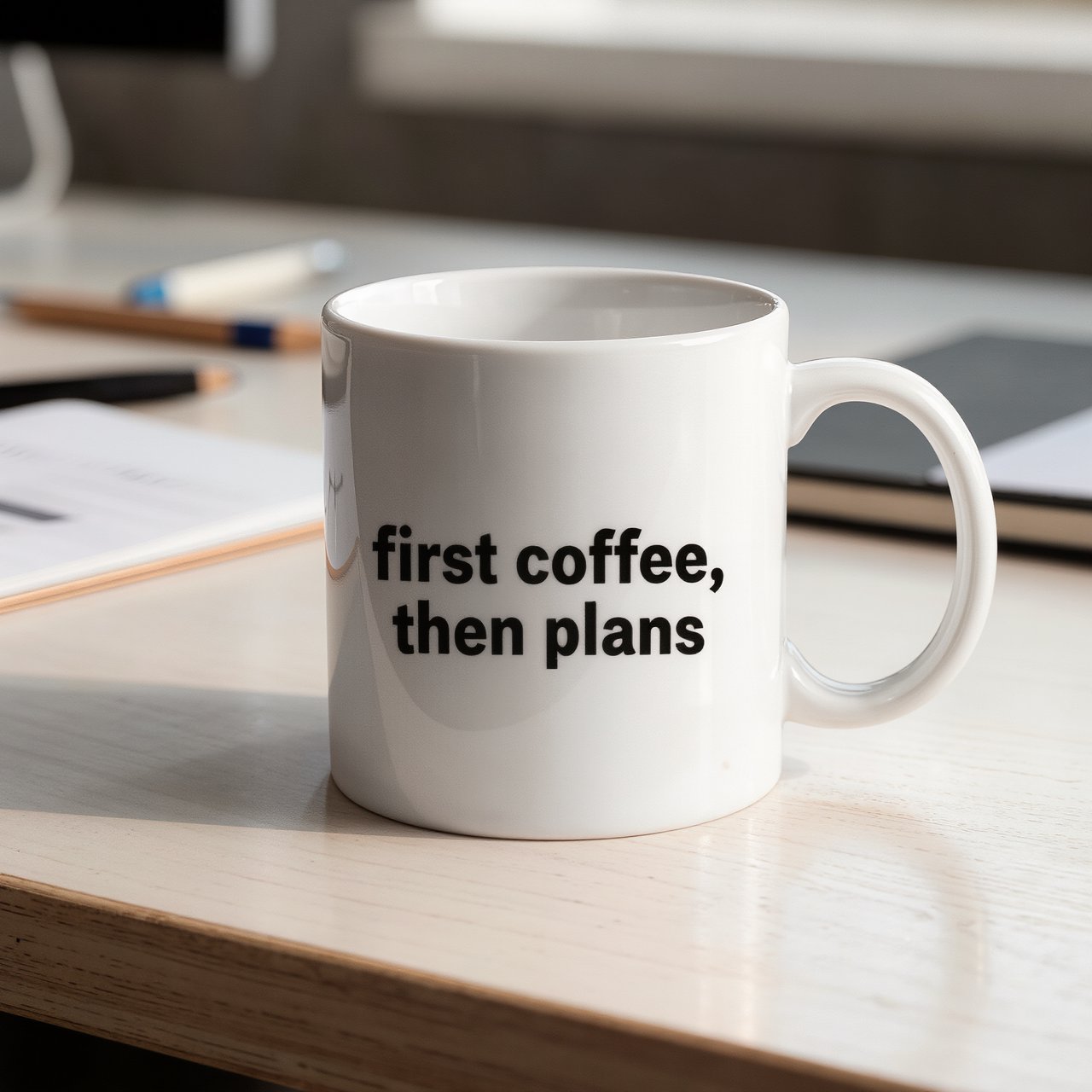 A white ceramic mug on a desk with the words "first coffee, then plans" printed in black lowercase sans-serif. — Kling v3