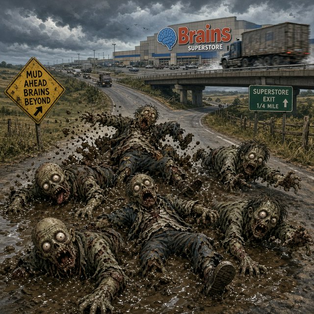 Several weird-looking zombies, some cross-eyed and some wide-eyed, are heading towards a superstore far ahead named "Brains". The superstore is located beside a highway with some trucks driving along it. The zombies are on a rural road connecting to the highway. There are patches of mud in one place on the rural road. The zombies are slipping on the mud and falling—some on their faces, some on their backs, and some on top of other zombies. A couple of fallen zombies are crawling up to the highway, where speeding trucks are passing by. Make it dramatic but funny. — Model 5