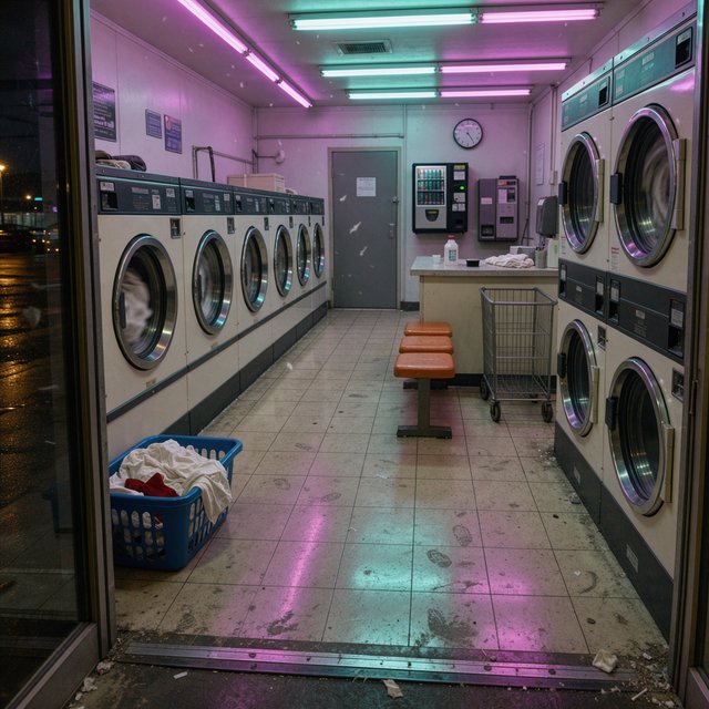 Neon washes a nearly empty overnight laundromat, reflections trembling across tiled floor and spinning steel drums. A handheld street snapshot under magenta and cyan tubes, shot at 35mm with moderate depth of field, catches lint drifting in the air. — FLUX 3 Image
