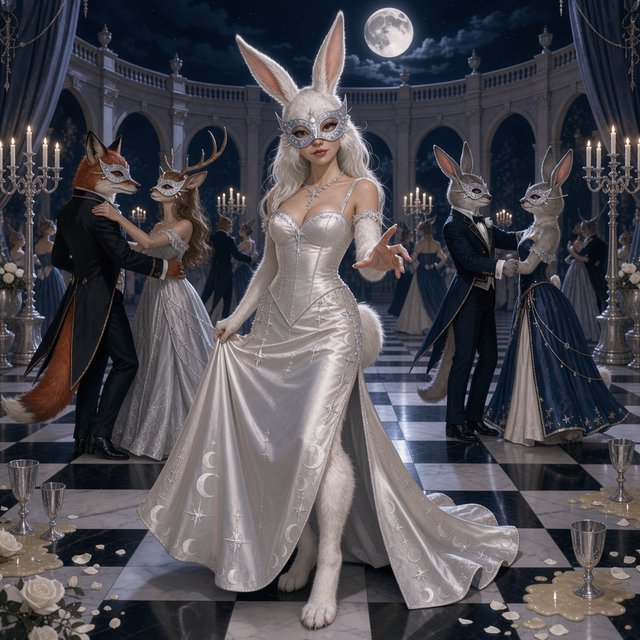 Create the most glamorous and mysterious midnight masked-ball scene, where various alluring anthropomorphic animals, such as foxes, deer, and rabbits, pose and dance under the moon. They wear moon-themed masks. In the middle foreground stands the most exquisite, alluring human-rabbit hybrid, with long white rabbit ears, a pulchritudinous East Asian face, an hourglass figure, rabbit-fur features, and human skin blended aesthetically. She wears the most exquisite silk dress with moon patterns and cross-star embroidery. She poses in a beckoning gesture, inviting the viewer to be her dance partner at the masquerade. No speech. — FLUX 3 Image