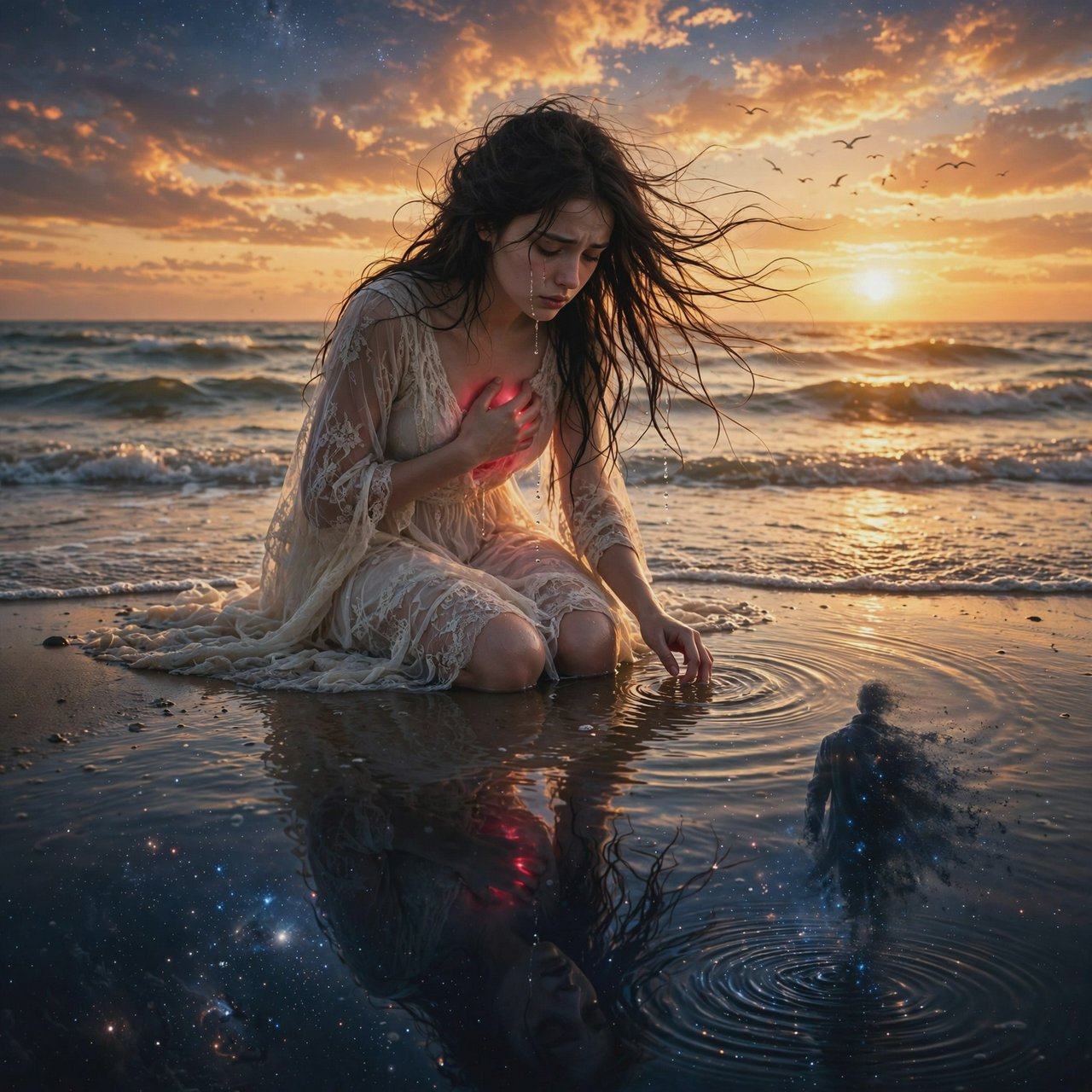 Cinematic, photorealistic artwork of a sorrowful young woman in a flowing ivory lace dress kneels in shallow surf at the waterline during sunset. Her long, windblown dark hair frames her downcast face; a tear flows down her cheek and into the water, one hand presses against her chest, glowing faintly crimson to suggest her still-beating heart, while her other fingertips touch the water. The world behind her remains beautiful: a golden sun shines over restless waves, seabirds cross the sky, and fiery peach clouds fade into star-filled indigo. In the wet sand, her reflection becomes a dark cosmic void. Stars ripple around a fading, ghostlike image of her partner deserting her and dissolving into darkness. The tear forms concentric ripples, disturbing an entire universe. Contrast warm golden life above with cool blue-black devastation below. Natural cinematic lighting, detailed water reflections, realistic anatomy, restrained grief. No text, borders, or collage. — Muse Image 1.0