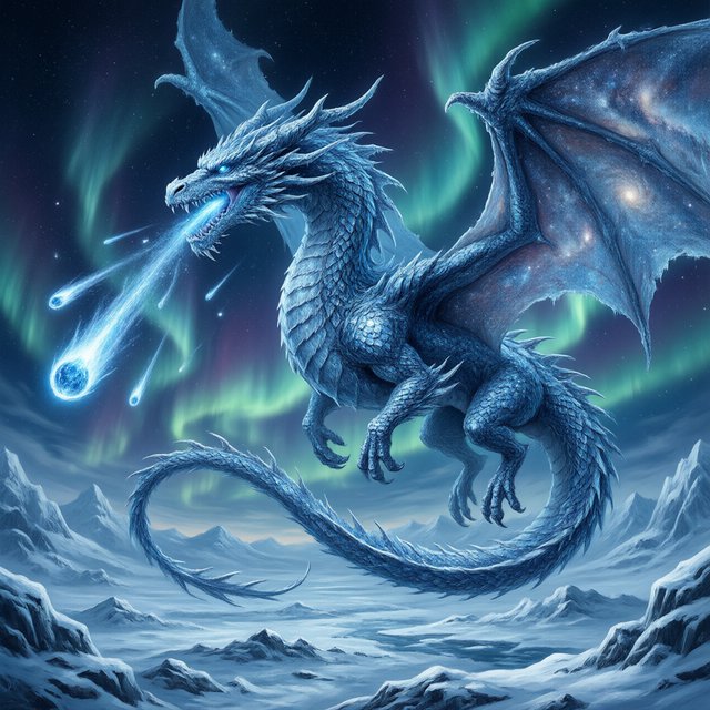 A majestic dragon made of pure starlight and frozen cosmic dust, soaring through a celestial winter landscape. Its scales shimmer with the light of a thousand galaxies, and its breath is a trail of icy comets. The background features swirling aurora borealis over a frozen, mountainous terrain. The style is a blend of painterly fantasy art and surrealism. — Qwen Image 3.0