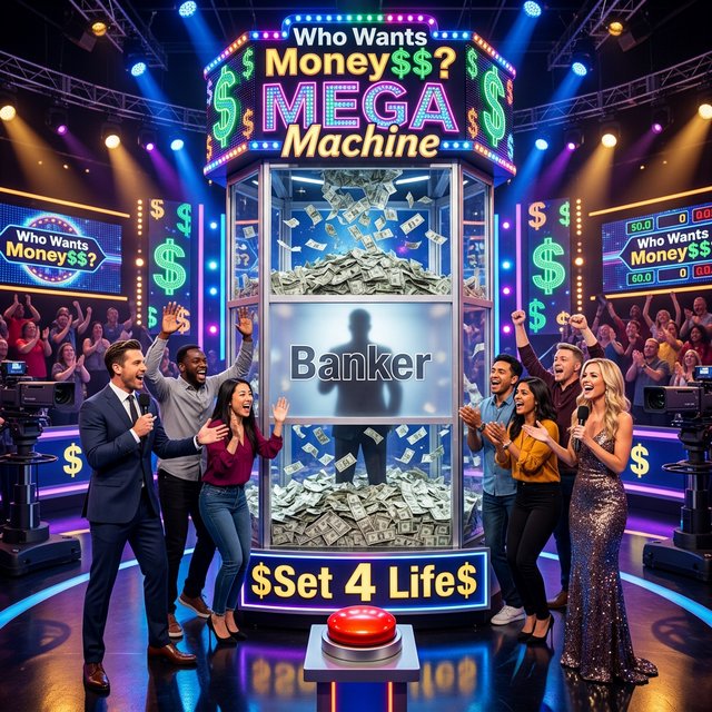 People on the set of a super mega game show called "Who Wants Money$$$?". There are at least six adults (three men and three women), all of different races, looking really excited. There is a big machine with a lot of cash inside. At the top of the machine it says "Who Wants Money$$$? MEGA Machine". In the middle of the machine it says "Banker", with the shadow of a man near the name. At the bottom of the machine it says "$Set 4 Life$", with a red button in the middle of the words. Near the machine are game hosts on both sides of it: a handsome man and a pretty woman. — Nano Banana 2.1