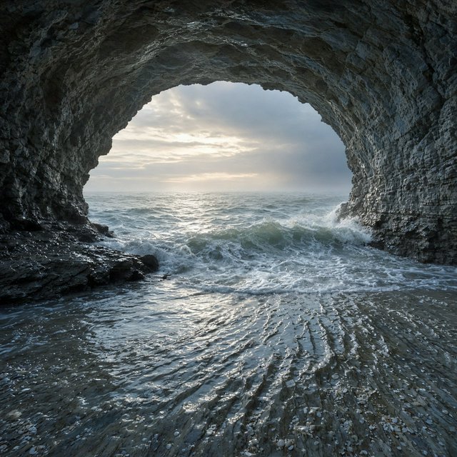 Inside a blue-grey sea cave, incoming swells curl over ribbed limestone beneath a clearing rain squall in late afternoon; wet mineral bands and shell fragments sharpen the entrance ledge, while the cavern mouth frames hazy open water. — Grok Imagine Image 2