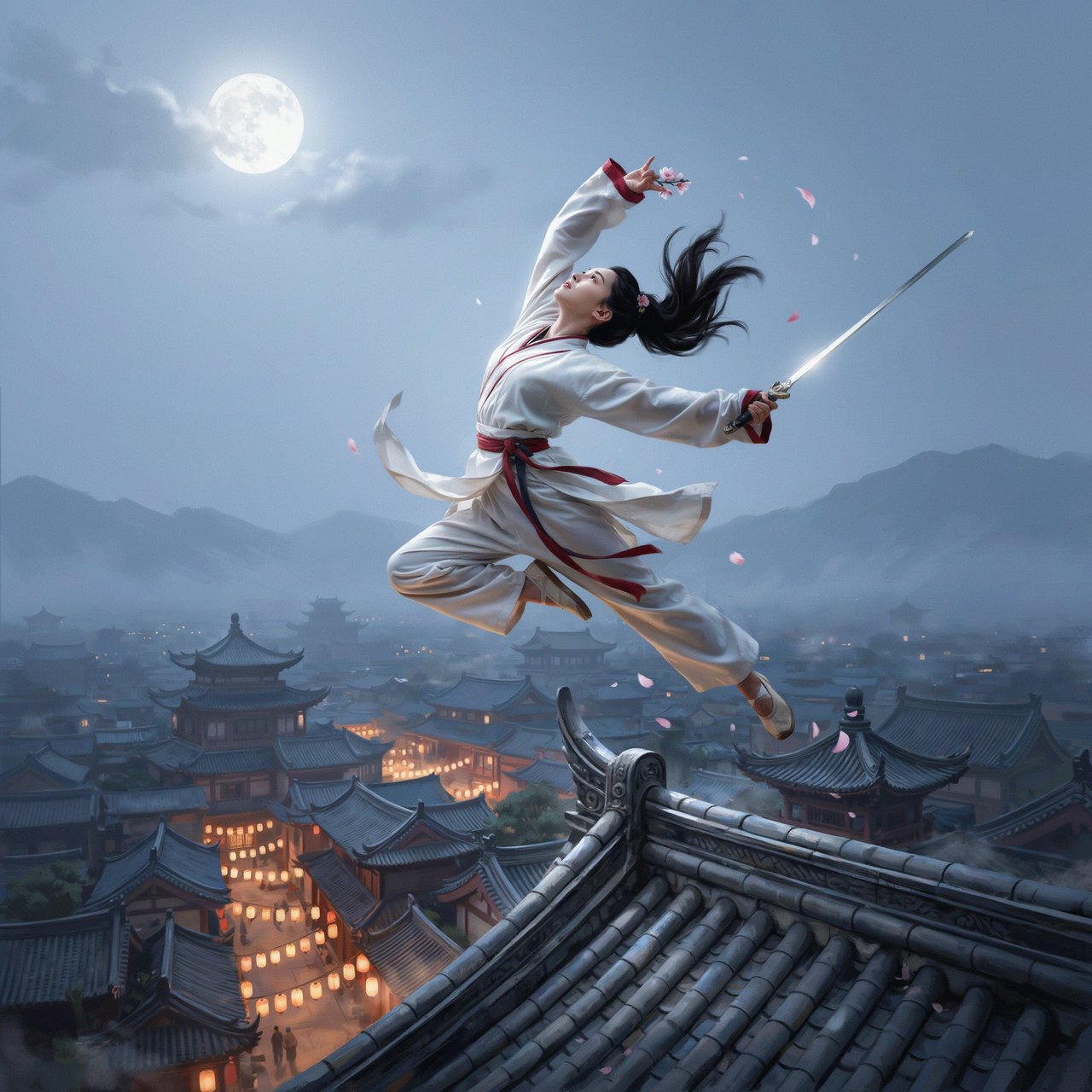 Elegant young adult Chinese female dancer performing a sword dance on a rooftop in ancient China at night, wearing flowing hanfu in primary white with secondary red accents. She leaps high in midair with her body arched backward, sword arm thrust forward, while her other arm rises gracefully above her with the hand forming delicate orchid fingers. Frontal three-quarter view, long black hair and sleeves flowing, expressive elegant pose, lantern-lit ancient city below, glowing rooftops and streets, romantic moonlit atmosphere. — Ideogram v4