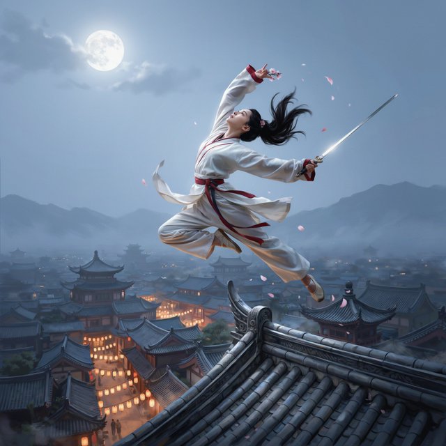 Elegant young adult Chinese female dancer performing a sword dance on a rooftop in ancient China at night, wearing flowing hanfu in primary white with secondary red accents. She leaps high in midair with her body arched backward, sword arm thrust forward, while her other arm rises gracefully above her with the hand forming delicate orchid fingers. Frontal three-quarter view, long black hair and sleeves flowing, expressive elegant pose, lantern-lit ancient city below, glowing rooftops and streets, romantic moonlit atmosphere. — Ideogram v4