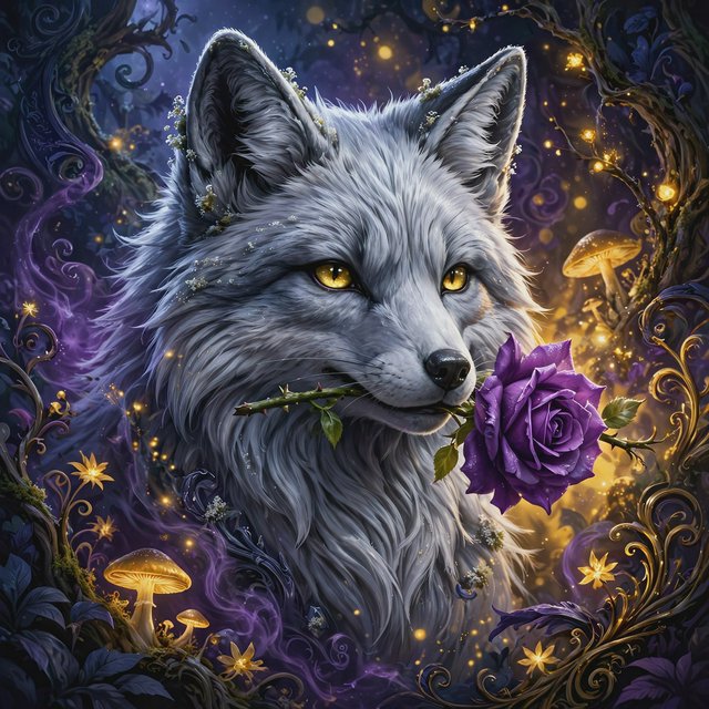 a silver fox holding a purple rose in its mouth, deep color, fantastical, intricate detail, splash screen, complementary colors, fantasy concept art — Model 14