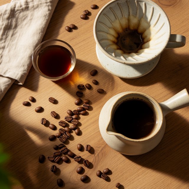 Overhead flat lay of a ceramic pour-over coffee set on oak, roasted beans scattered, a folded linen napkin, warm natural light. — Krea 2 Medium