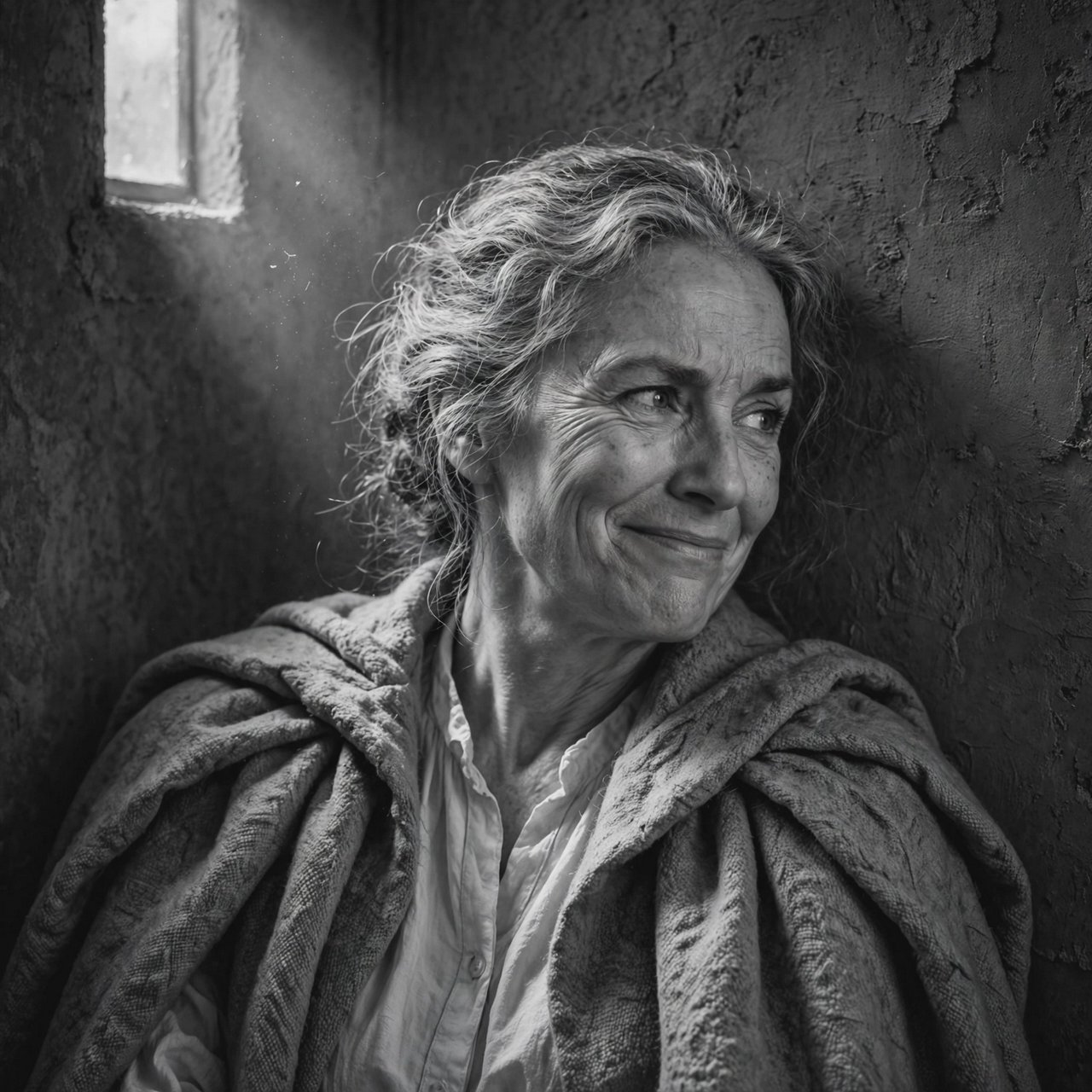 Under a narrow window beam, an adult woman in her late 50s wears a sculpted wool cape over a cotton blouse; her wry expression rests against a charcoal plaster backdrop in a black-and-white portrait, shaped by soft angled light. — Muse Image 1.0