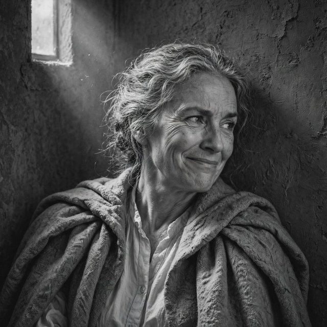 Under a narrow window beam, an adult woman in her late 50s wears a sculpted wool cape over a cotton blouse; her wry expression rests against a charcoal plaster backdrop in a black-and-white portrait, shaped by soft angled light. — Muse Image 1.0