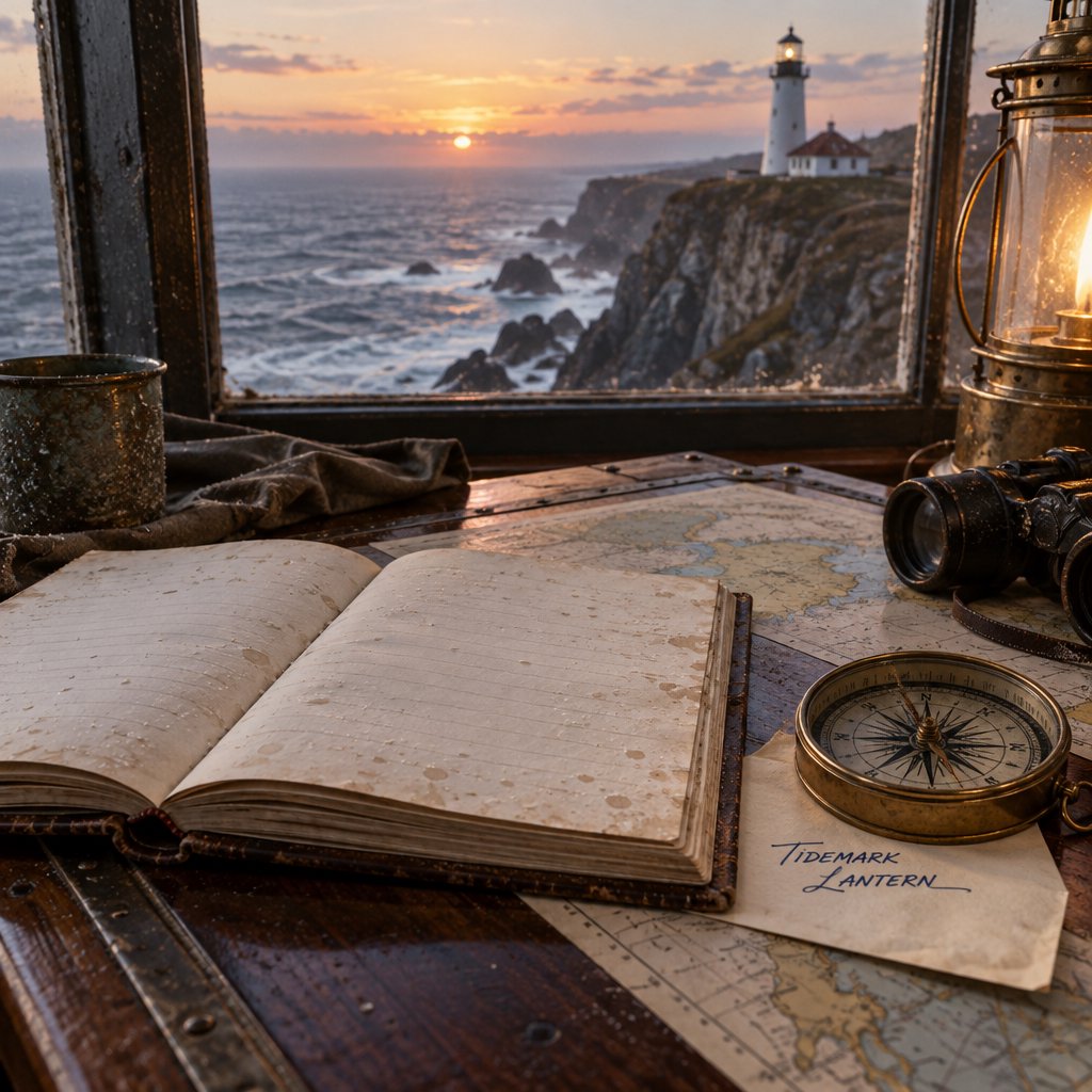 Beside a cliffside lighthouse, a salt-speckled logbook lies open on a chart table; "TIDEMARK LANTERN" is handwritten in looping dark-blue ink across a cream note tucked beneath the compass, with no other legible writing. — GPT Image 2.5 Sunburst