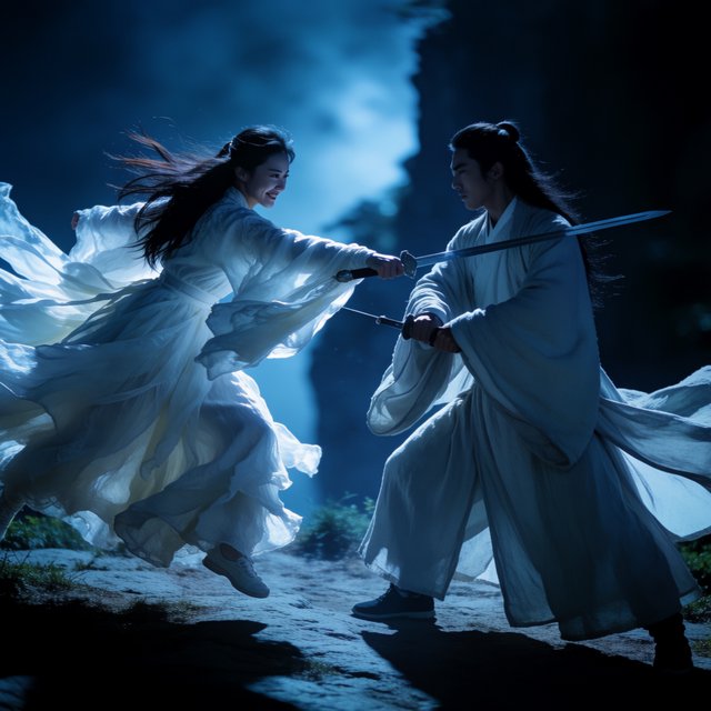 Frontal cinematic shot of two adult martial artists dueling on a cliff at night in ancient China: a female swordswoman in flowing white hanfu is airborne in a dynamic combat pose, thrusting her sword forward, while a male swordsman in traditional Taoist robes firmly parries her attack with his own blade. Moonlit night, wind sweeping their garments and hair, dramatic cliffside setting, tense face-off, elegant wuxia atmosphere, vivid motion, visually striking. — Krea 2 Medium