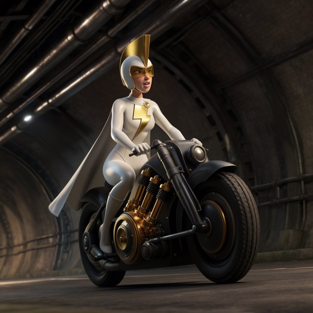 A modeled 3D character design featuring exaggerated, caricatured proportions and a striking silhouette—combined with subtle, nuanced skin shading and warm, cinematic rim lighting—creates an elegant aesthetic reminiscent of modern animated films. The result is a polished, stylized rendering characterized by rich color depth, expressive caricatured facial features, painterly texture details, and a dramatic, theatrical atmosphere typical of contemporary animation. An adult female superhero with a flowing cape on a moving motorcycle. Dieselpunk style. — Krea 2 Large