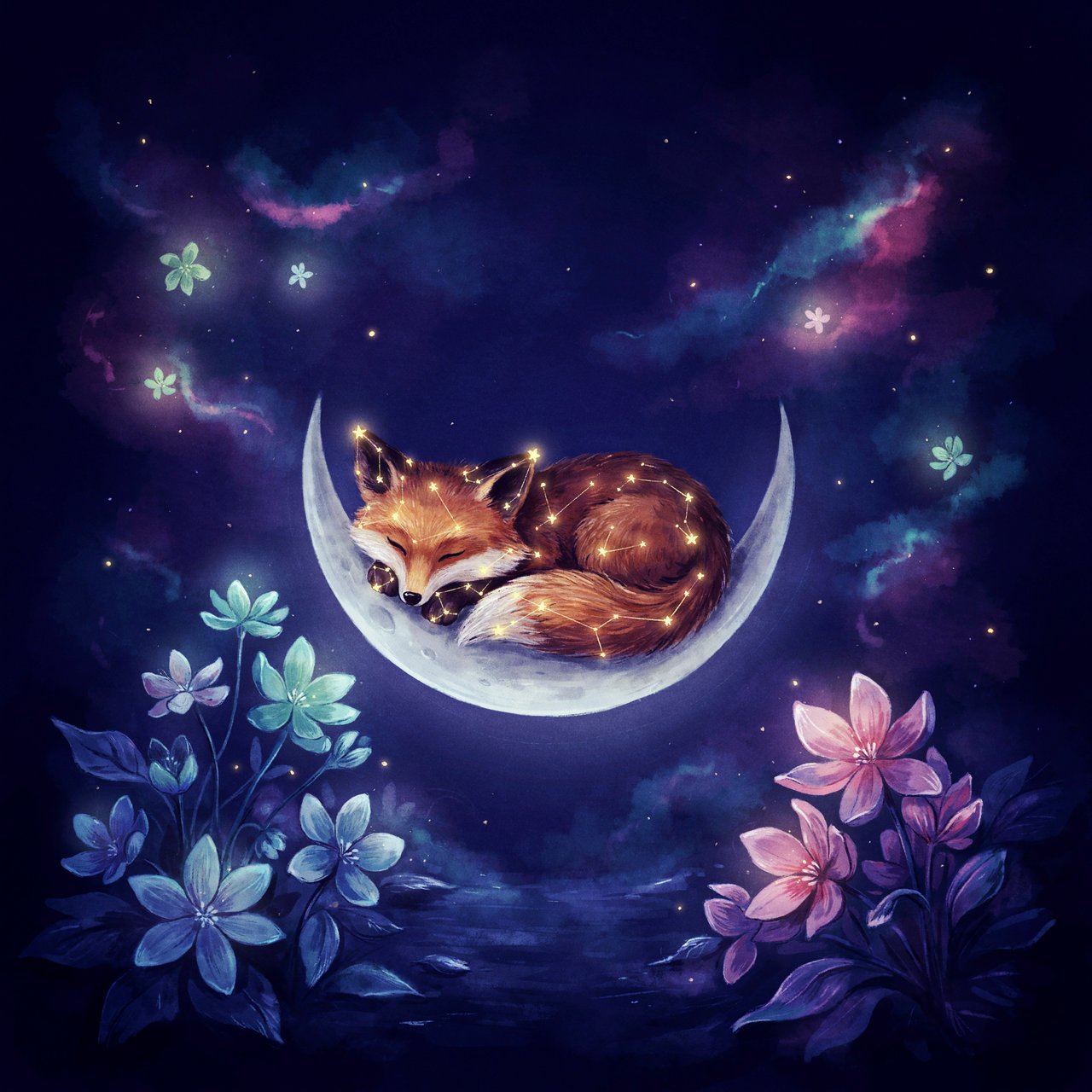 A miniature, intricately detailed fox crafted from living constellations, curled asleep atop a crescent moon. Surrounding it are delicate, bioluminescent flowers that pulse with gentle light, casting intricate shadows. The background is a deep indigo sky filled with swirling nebulae and distant, twinkling stars. The overall aesthetic is dreamlike and whimsical, with a painterly finish and a touch of cosmic wonder. — Ideogram v4.5