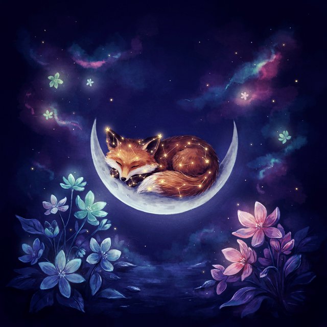 A miniature, intricately detailed fox crafted from living constellations, curled asleep atop a crescent moon. Surrounding it are delicate, bioluminescent flowers that pulse with gentle light, casting intricate shadows. The background is a deep indigo sky filled with swirling nebulae and distant, twinkling stars. The overall aesthetic is dreamlike and whimsical, with a painterly finish and a touch of cosmic wonder. — Ideogram v4.5