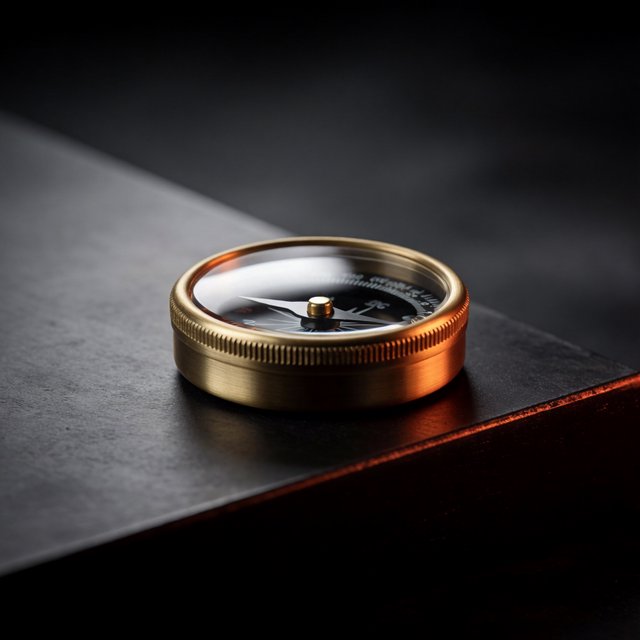 A compact brass pocket compass rests on black slate, its satin-metal casing and clear glass cover catching a broad diffused key and narrow warm rim light against a deep charcoal background; an unbranded commercial product image, blank face without lettering. — Krea 2 Medium