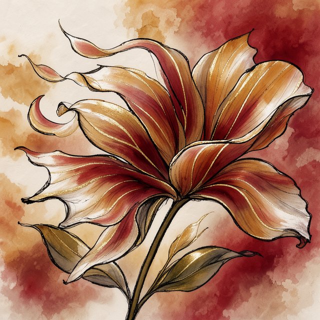 Gently sweeping forms emerge from long, subtle color transitions and soft contours. Bold ink strokes create resilient, confident edges that taper and densify in response to pressure. Raised, polished gold captures directional light in warm, metallic flashes. Luminous, rim-lit gradients blend wet-on-wet into floating patches of color, while a restrained palette of warm ochre, ivory, and deep crimson creates radiant, painterly highlights against a soft, atmospheric background. A flower in the summer wind. — FLUX 3 Image Klein