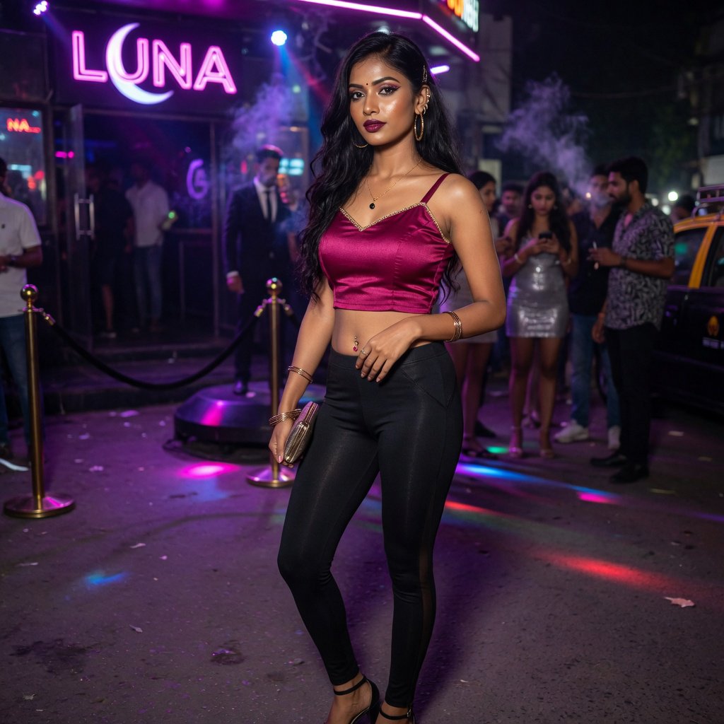 A very pretty Indian woman, 19–27 years old. She is slim with wide hips and is wearing a fitted crop top and leggings. Full-body image. Outside a nightclub. — Grok Imagine Image Quality