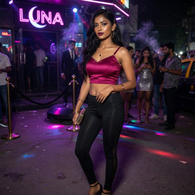 A very pretty Indian woman, 19–27 years old. She is slim with wide hips and is wearing a fitted crop top and leggings. Full-body image. Outside a nightclub. — Model 5