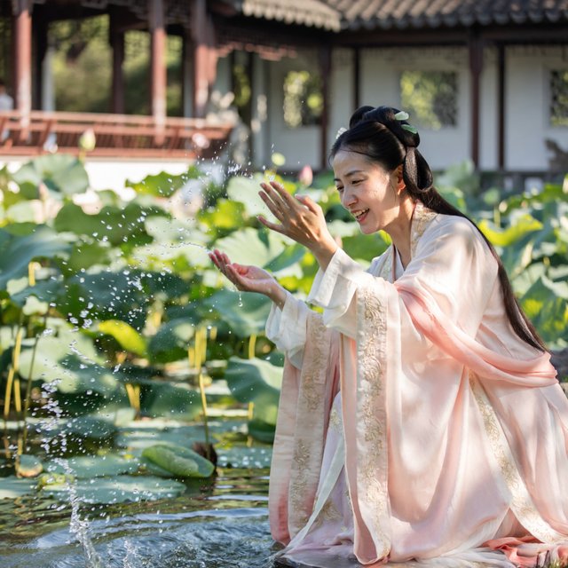 Cinematic shot, a breathtakingly stunning adult Chinese woman from ancient times playing joyfully by a crystal-clear lotus pond, mid-summer afternoon. She is wearing an exquisite, flowing silk Hanfu dress in pastel pink and white with intricate gold embroidery. Her face is porcelain-smooth, with delicate makeup, long black hair elegantly styled with jade hairpins, and a radiant, charming smile. Water droplets frozen in mid-air, sunlight filtering through lush green lotus leaves, creating dappled light on her skin. Shallow depth of field, bokeh background of traditional Chinese architecture, hyper-realistic, soft natural lighting, serene yet playful atmosphere. — ImagineArt 2