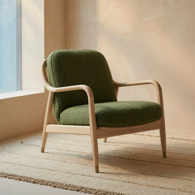 In a quiet reading-room corner, an unbranded lounge chair pairs a curved ash frame with nubby moss-green wool upholstery, set on a pale jute rug before a warm plaster wall; broad window diffusion and soft bounce shape this commercial product image, with no lettering. — Grok Imagine Image Quality
