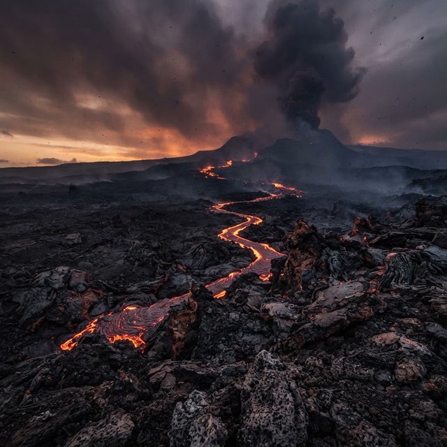 Fresh lava threads a black cinder plain on a volcanic island at dusk beneath ash-laden wind; blistered crust and brittle pumice in the foreground give way to glowing fissures fading into smoke. — Nano Banana 2 Lite