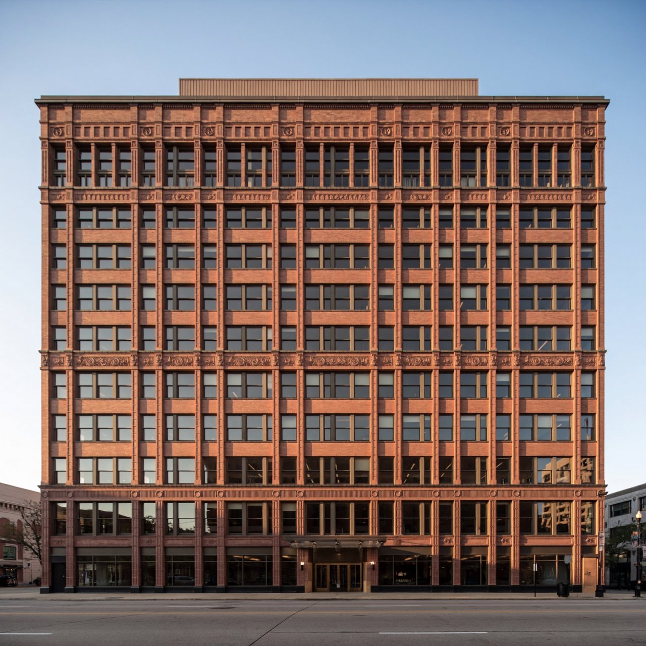 Exterior of a Chicago School office tower, with a visible steel-frame grid, warm terra-cotta cladding, broad rectangular windows, and a flat roofline; clear afternoon light, viewed from across a city street, with precise verticals and believable construction. — ImagineArt 2