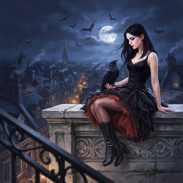 A whimsical gothic woman sitting on a ledge overlooking the city. — Ideogram v4