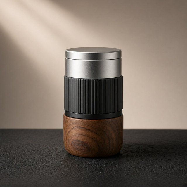 Commercial product photograph of an unbranded portable espresso grinder crafted from anodized aluminum with walnut accents, resting on a black stone surface against a warm beige background, illuminated by broad diffused studio light and a subtle edge highlight. — Grok Imagine Image 2