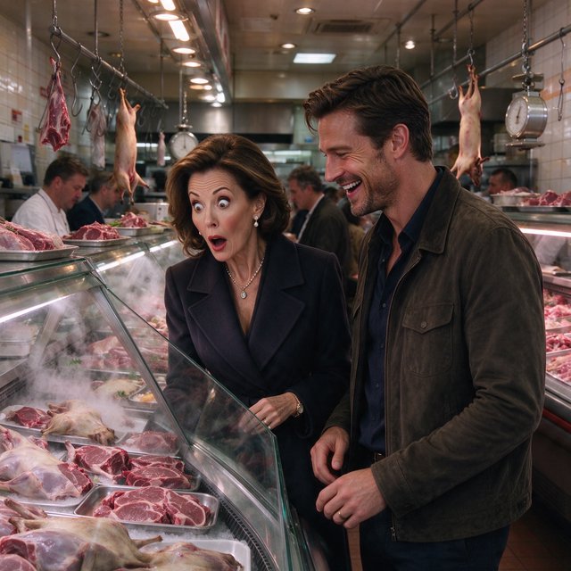 Glamorous adult couple browsing an exotic meat market. The woman has a look of pure surprise at what is on sale. The man just laughs at her reaction! The market is busy and well lit. — Seedream 5.0 Flash