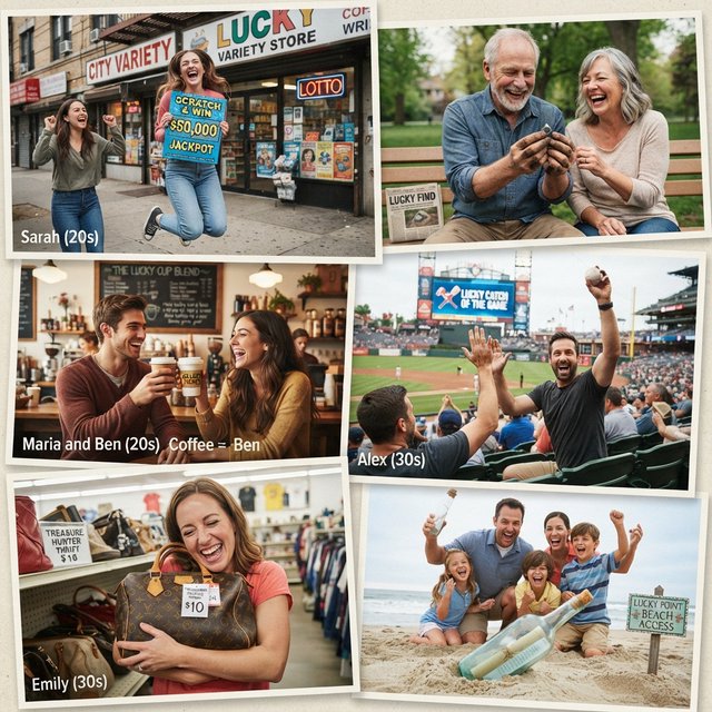 4–6 realistic scenes of people having the luckiest day of their lives. The word “Lucky” should appear at least twice in the image, and seem totally in place and seamless. The whole vibe is pretty much lucky moments that were unexpected but very welcome. — Nano Banana 2 Lite
