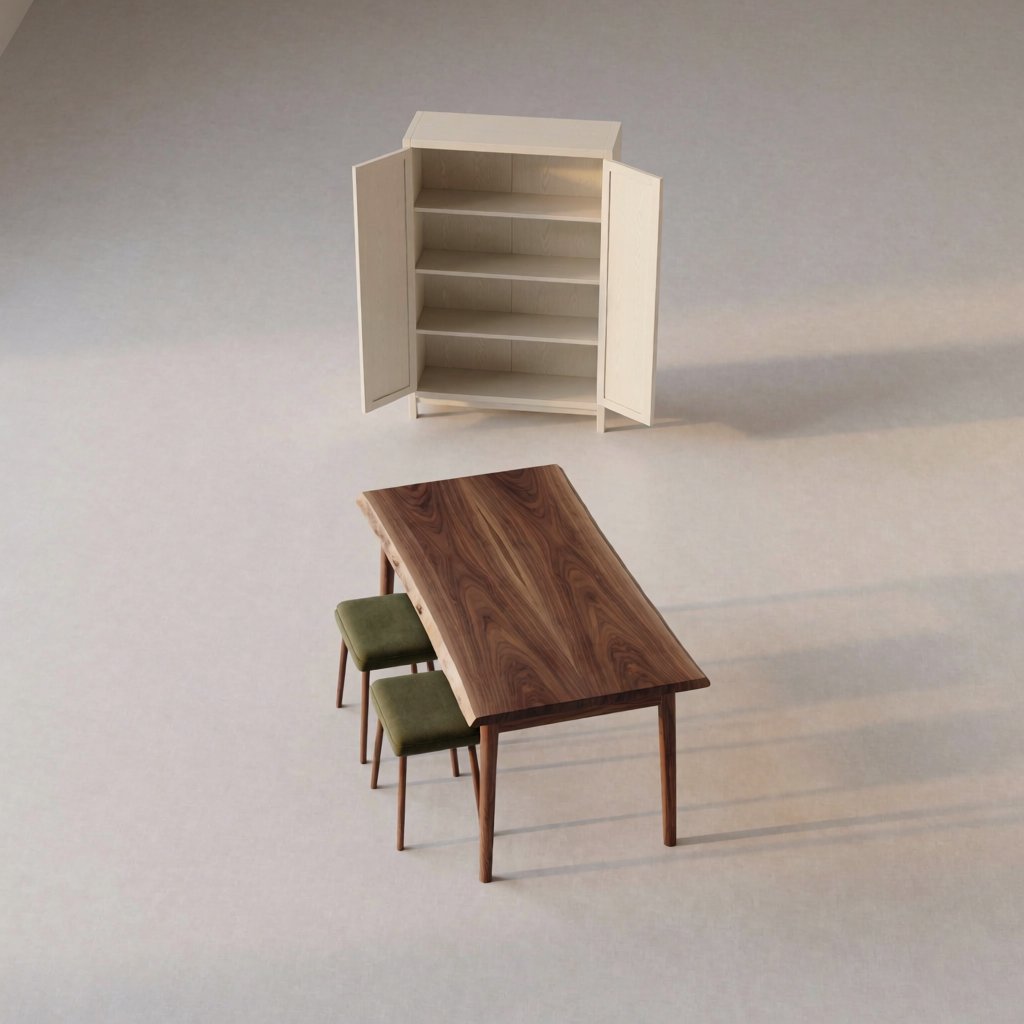 A quiet mapmaking room contains exactly one walnut drafting desk at the center, two moss-green stools side by side along its west edge, and one cream bookcase against the north wall; pale morning light, nothing else. — Krea 2 Medium
