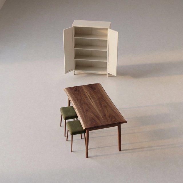 A quiet mapmaking room contains exactly one walnut drafting desk at the center, two moss-green stools side by side along its west edge, and one cream bookcase against the north wall; pale morning light, nothing else. — Krea 2 Medium