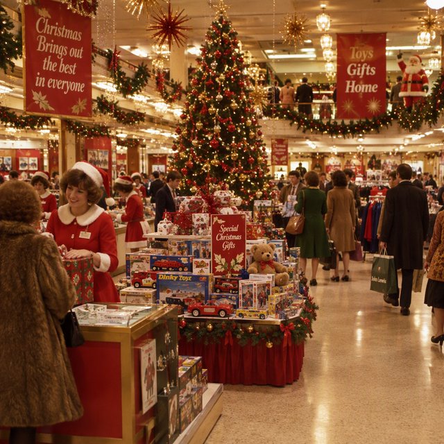A UK department store in the 1970s at Christmas time. The lighting and decor will be very festive, with staff members dressed in festive outfits. — GPT Image 2.5 Flare