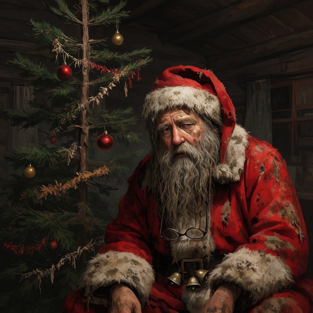 A melancholic, somewhat disheveled Santa Claus in a worn, dirty coat. He sits in his cabin at the North Pole next to a desolate, needleless Christmas tree, its decorations hanging only sporadically. The aura radiates a quiet despair. — Krea 2 Large