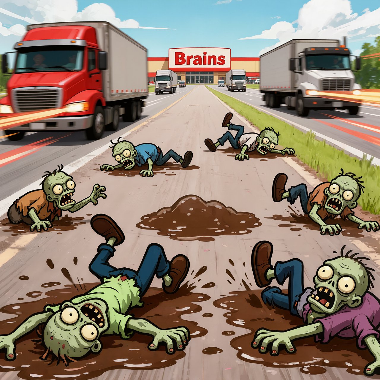 Several weird-looking zombies, some cross-eyed and some wide-eyed, are heading towards a superstore far ahead named "Brains". The superstore is located beside a highway with some trucks driving along it. The zombies are on a rural road connecting to the highway. There are patches of mud in one place on the rural road. The zombies are slipping on the mud and falling—some on their faces, some on their backs, and some on top of other zombies. A couple of fallen zombies are crawling up to the highway, where speeding trucks are passing by. Make it dramatic but funny. — Kling v3